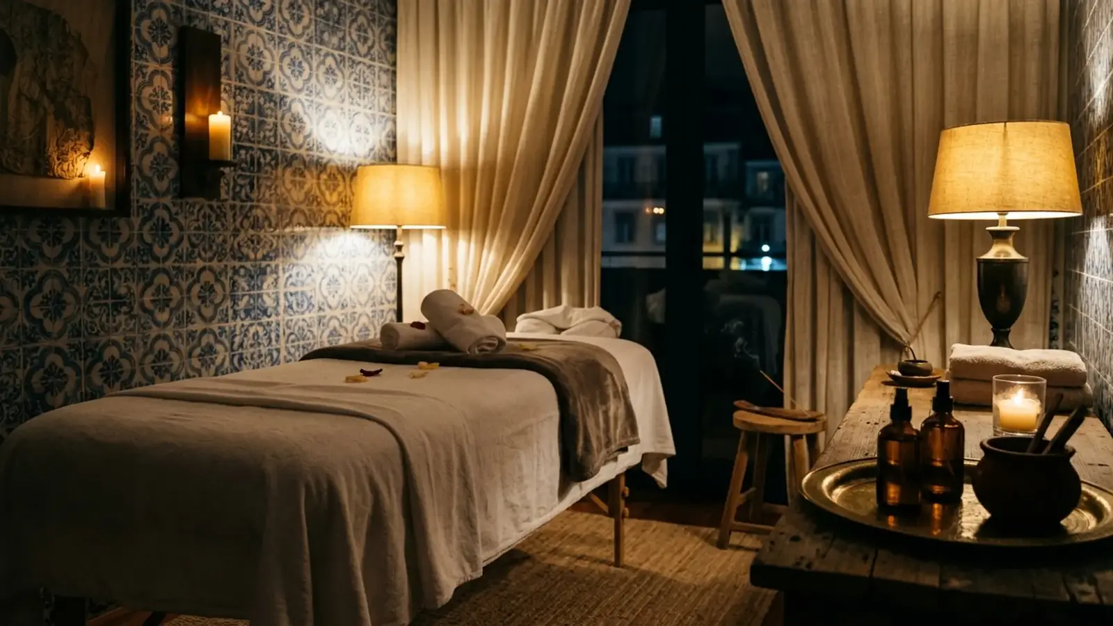 Massagem erótica Lisboa, sala vazia à luz de velas com azulejos azuis, maca e candeeiros à noite
